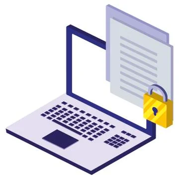 Laptop computer with padlock and documents Stock Illustration