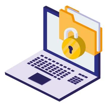 Laptop computer with padlock and documents Stock Illustration