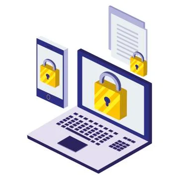 Laptop computer with padlock and documents Stock Illustration