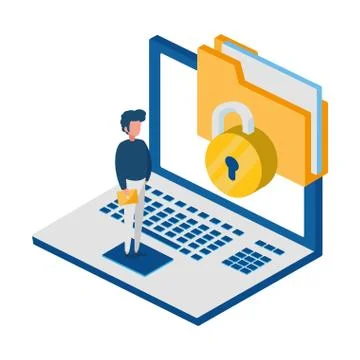 Laptop computer with padlock and documents Illustrazione stock