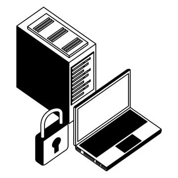 Laptop computer with padlock and server data isometric icon Stock Illustration
