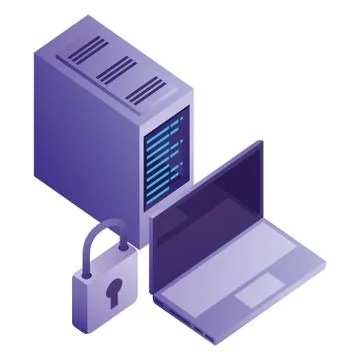 Laptop computer with padlock and server data isometric icon Stock Illustration