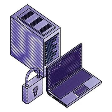 Laptop computer with padlock and server data isometric icon Stock Illustration