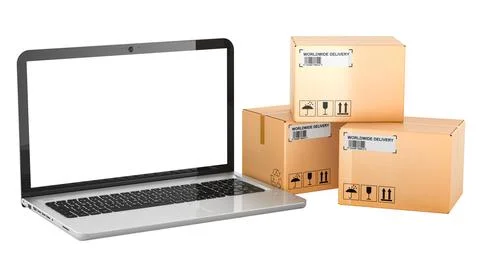 Laptop computer with parcels, 3D rendering Stock Illustration