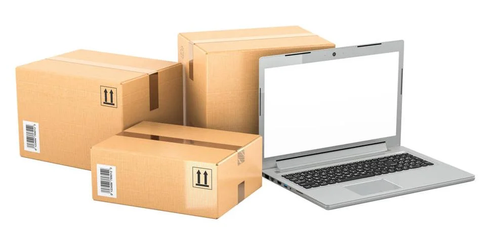 Laptop computer with parcels, 3D rendering Laptop computer with parcels, 3... Stock Photos