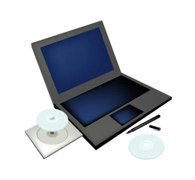 Laptop Computer with Pen and Compact Disc Stock Illustration