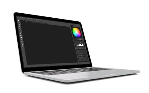 Laptop computer with photo editing software template on screen. isolated on w Stock Photos