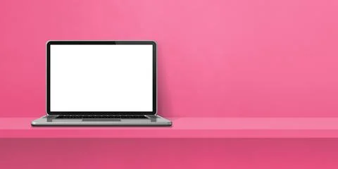 Laptop computer on pink shelf background banner Stock Illustration