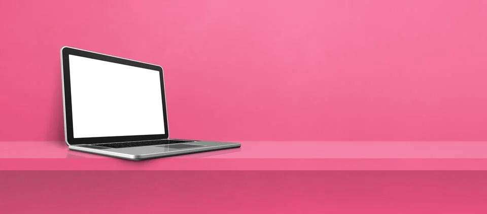 Laptop computer on pink shelf background banner Stock Illustration