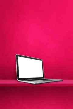 Laptop computer on pink shelf. Vertical background Stock Illustration