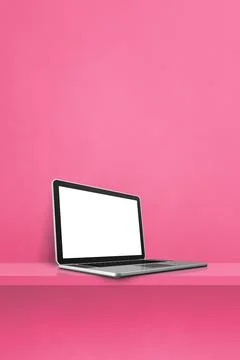 Laptop computer on pink shelf. Vertical background Stock Illustration