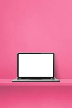 Laptop computer on pink shelf. Vertical background Stock Illustration