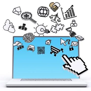 Laptop computer with pixel computer icons Illustrazione stock