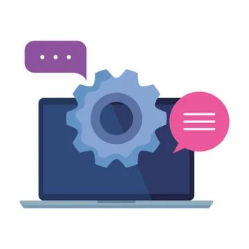 Laptop computer portable with speech bubbles and gear Stockillustratie