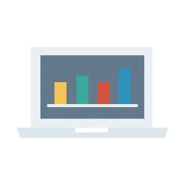Laptop computer portable with statistics bars flat style icon Stock Illustration