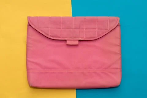 Laptop computer protective case in pink color over colorful background Foto stock