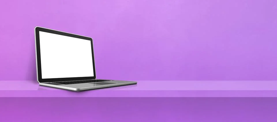 Laptop computer on purple shelf background banner Stock Photos