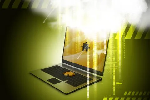 Laptop computer with puzzle in color background Stock Illustration