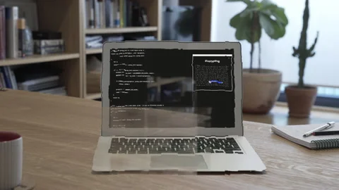 Laptop computer ransomware hacking attack and glitch Stock Footage 138891589
