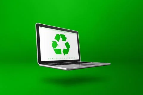 Laptop computer with a recycling symbol on screen. environmental conservati.. Illustrazione stock