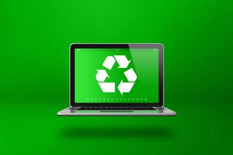 Laptop computer with a recycling symbol on screen. environmental conservati.. Illustrazione stock