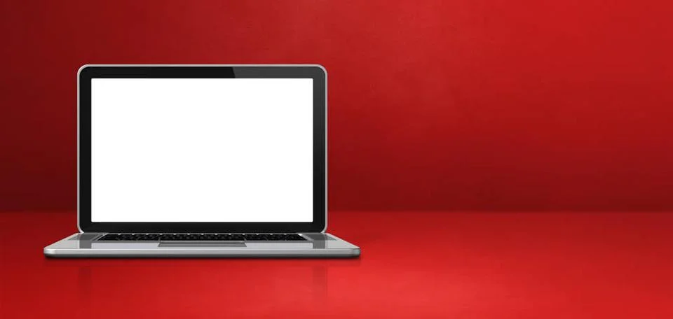 Laptop computer on red office scene background banner Laptop computer on r... Stock Photos