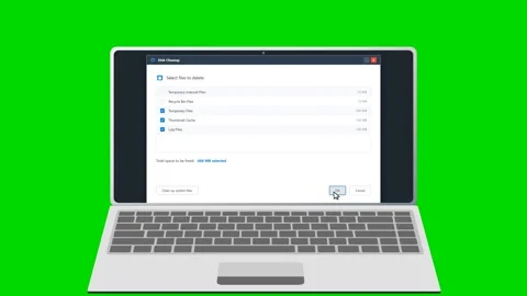 Laptop computer running a system cleanup software on green screen. 4K Stock Footage 341694496