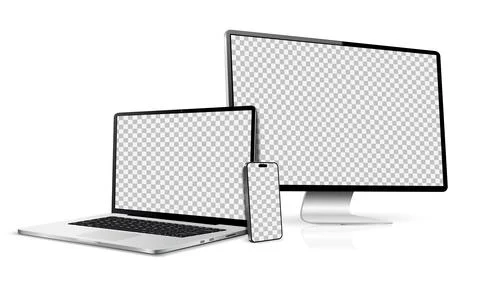 Laptop with computer screen and mobile phone mockup. Set technology devices w Illustrazione stock