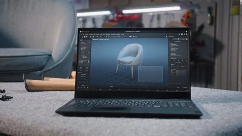 Laptop computer screen with displayed professional software for furniture design Stock Footage 268197000
