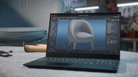 Laptop computer screen with displayed professional software for furniture design Foto stock