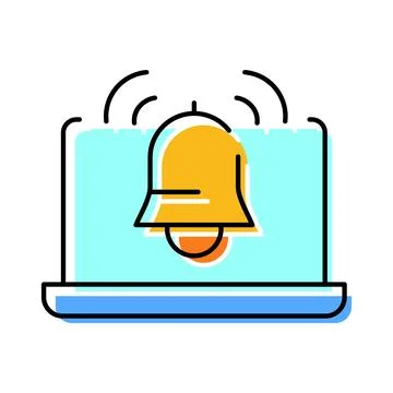 Laptop computer screen displaying ringing notification bell Illustrazione stock