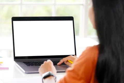 Laptop computer screen mockup, template background, Woman hand typing laptop Stock Photos