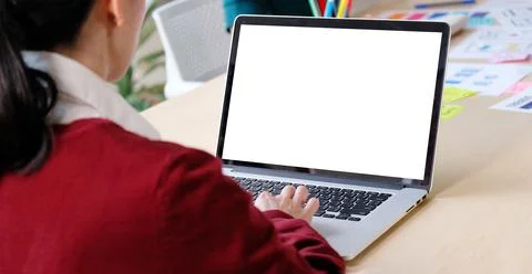 Laptop computer screen mockup, template background, Woman typing laptop compu Stock Photos