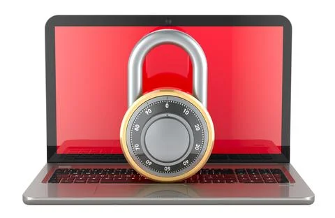 Laptop computer with security padlock with rotating digit combination, 3D r.. Ilustración de archivo