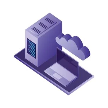 Laptop computer with server data and cloud computing isometric Stock Illustration