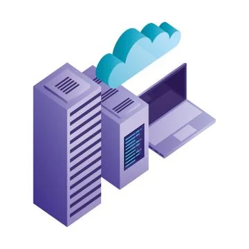 Laptop computer with server data and cloud computing isometric Stock Illustration