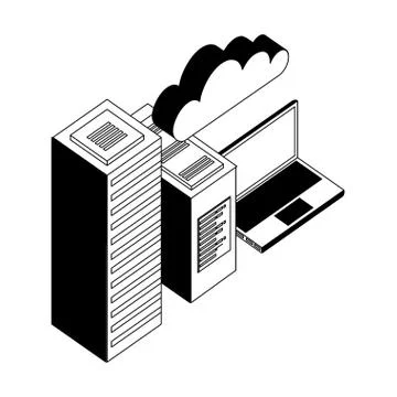 Laptop computer with server data and cloud computing isometric Stock Illustration