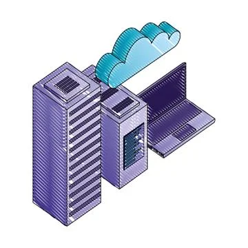 Laptop computer with server data and cloud computing isometric Stock Illustration