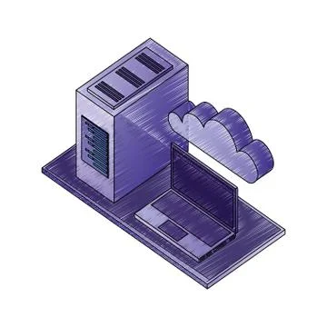 Laptop computer with server data and cloud computing isometric Stock Illustration