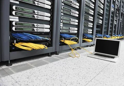 Laptop computer at server network room modern aluminium thin laptop comput... Stock-Fotos