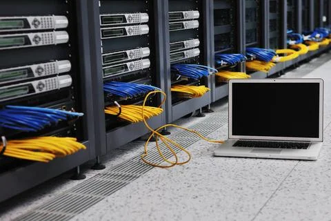 Laptop computer at server network room modern aluminium thin laptop comput... Stock-Fotos