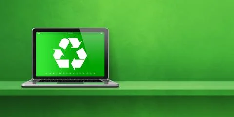 Laptop computer on a shelf with a recycling symbol on screen. environmental.. Illustrazione stock