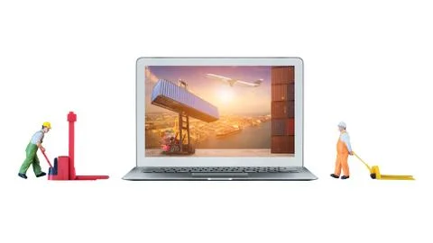 Laptop computer is showing logistic concept on screen and miniature worker 스톡 사진