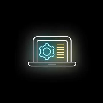 Laptop computer showing neon settings gear icon Stockillustratie
