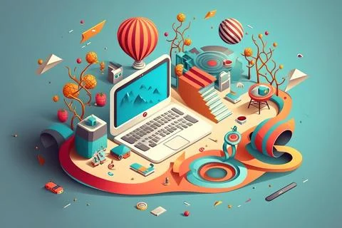 A laptop computer sitting on top of a table next to a balloon and other obj.. Stockillustratie