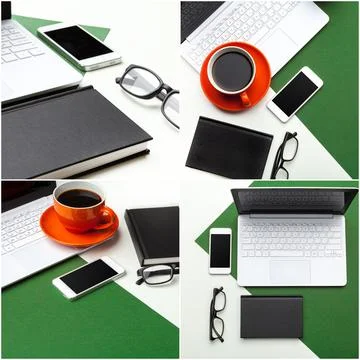A laptop computer sitting on top of a table Stock Photos