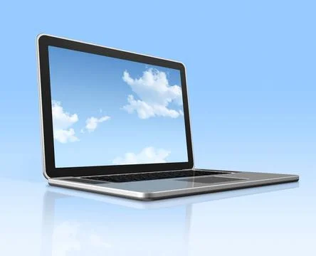 Laptop computer with sky screen isolated on blue 3D laptop computer with s... 写真素材