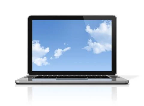 Laptop computer with sky screen isolated on white 3D laptop computer with ... Stockfoto's