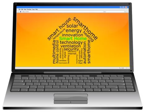 Laptop computer with Smart Home wordcloud - 3D illustration Stock Illustration