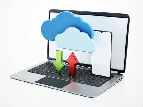 Laptop computer, smartphone and cloud symbols with green and red arrows. 3... Stock Photos